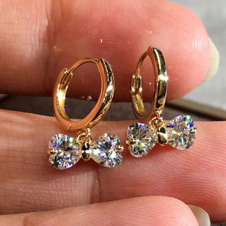 Huitan Hot Sale 18K Gold Plated Hoop Huggies Earrings Exquisite Crystal Bowknot Drop Dangle Earrings for Women