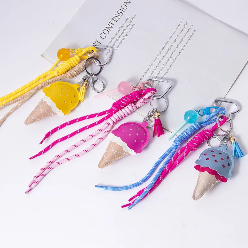 High-End Keychain and Phone Bag Pendant Key Ring Cute Leather Ice Cream with Woven Rope Silk Screen Printed for Love Theme