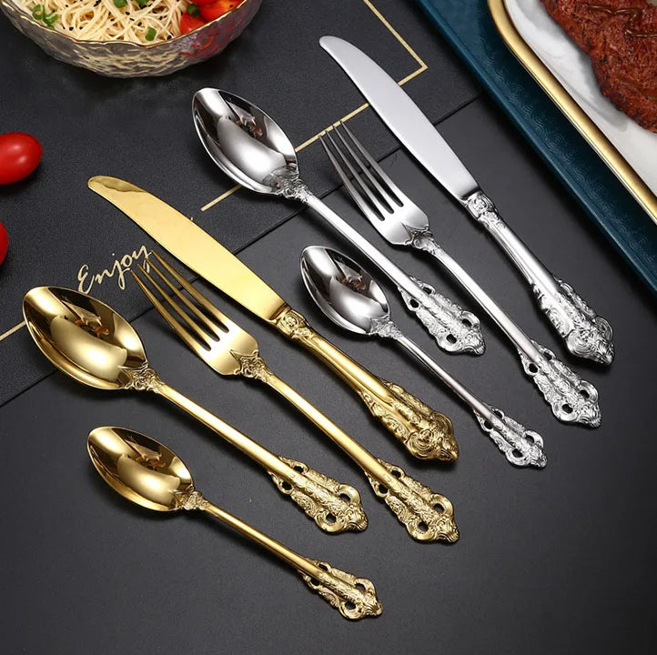 Trending Stainless Steel Royal Cutlery Set Spoon and Fork Set Stainless Gold Cutlery Set Luxury Flatware 18/10
