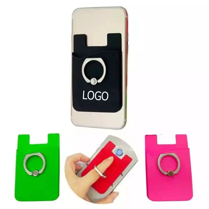 Custom Logo 3M Sticky Cell Phone Stick on Wallet Silicone Card Holder Phone Pocket with Finger Metal Ring for All Smartphones