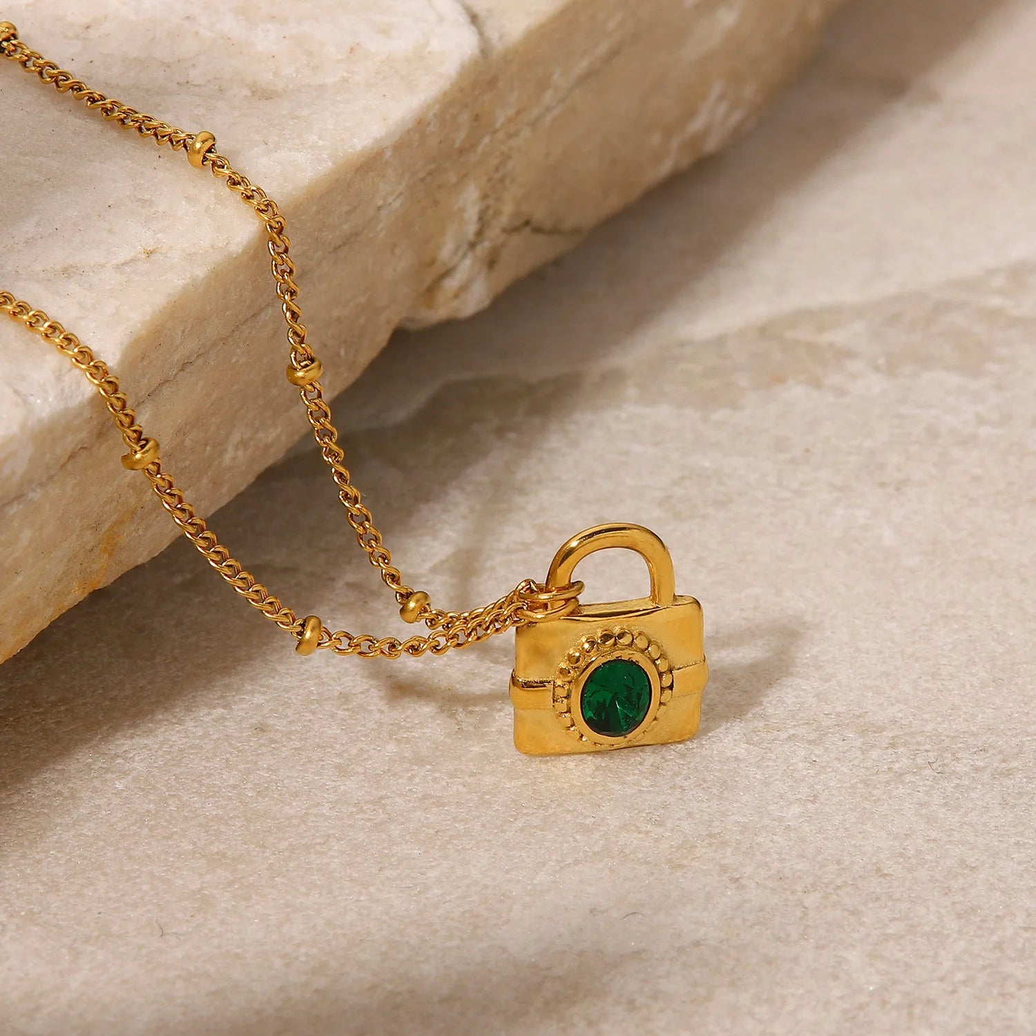 Non Tarnish  Gold Plated Round Emerald Lock Necklace Stainless Steel Double Layer Bead Chain Green Zircon Lock Pendant Necklace