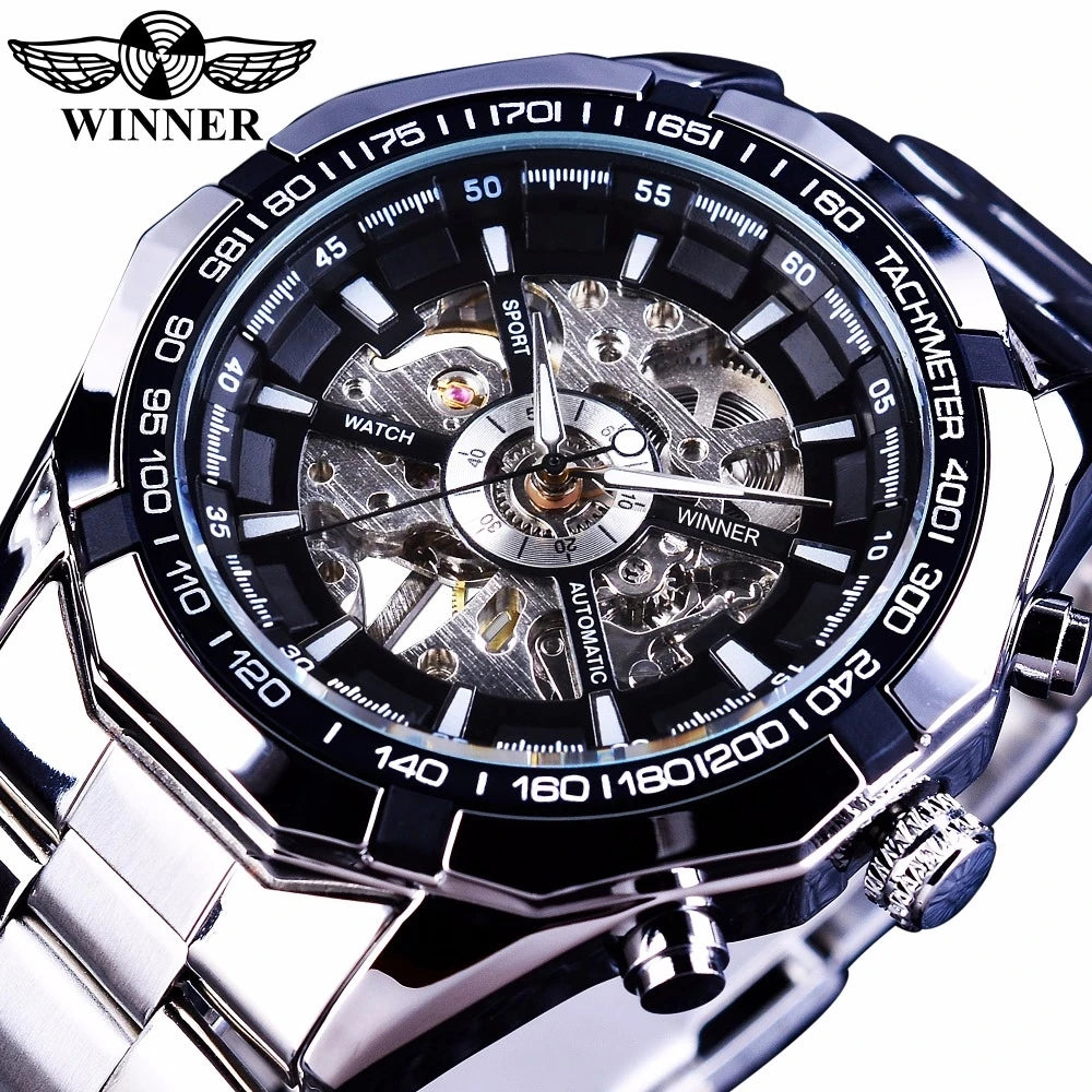 Winner Men Sport Skeleton Stainless Steel Designer Watch Top New Luxury Automatic Casual Mechanical Watch Clock Men Wristwatch