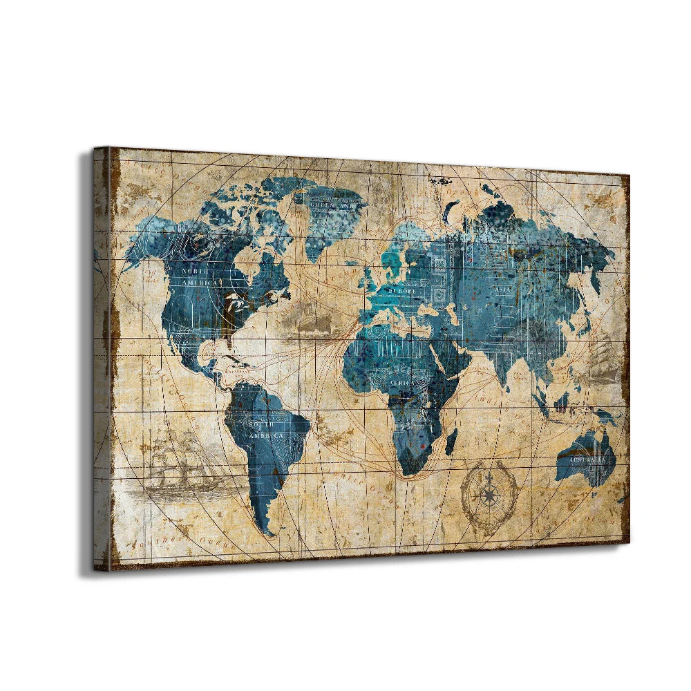 Vintage World Map Canvas Painting Blue Art Culture Travel Globe Landmark Poster Wall Print Picture for Living Room Office