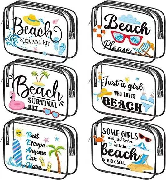 Geometric Clear PVC Makeup Bag with Zipper Closure Outdoor Print Toiletry Storage Pouch for Beach Use