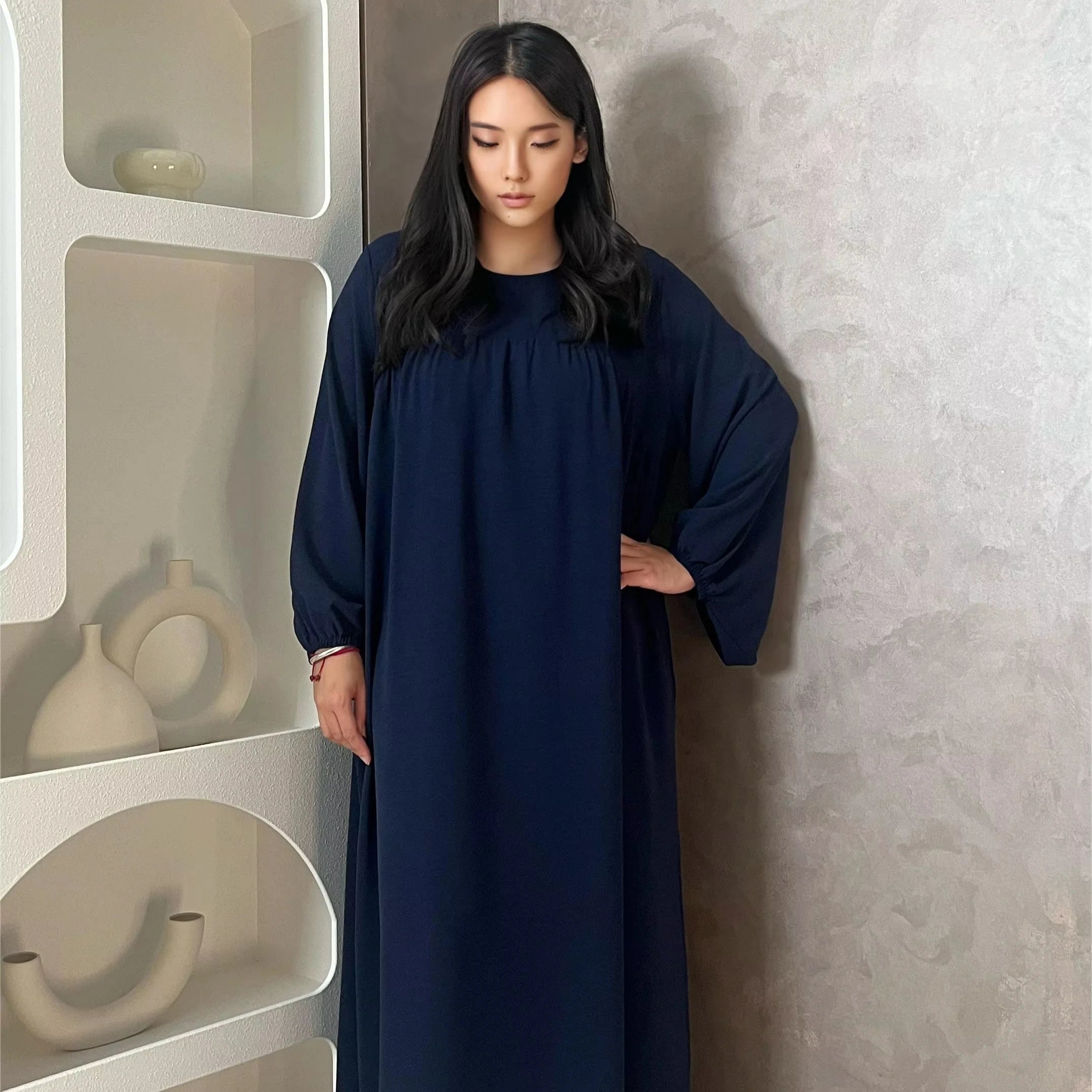 LM021 Balloon Sleeve Crepe Slip Abaya Dress Inner Bubble Sleeves Muslim Women Islamic Clothing Umrah Prayer Dress Modest