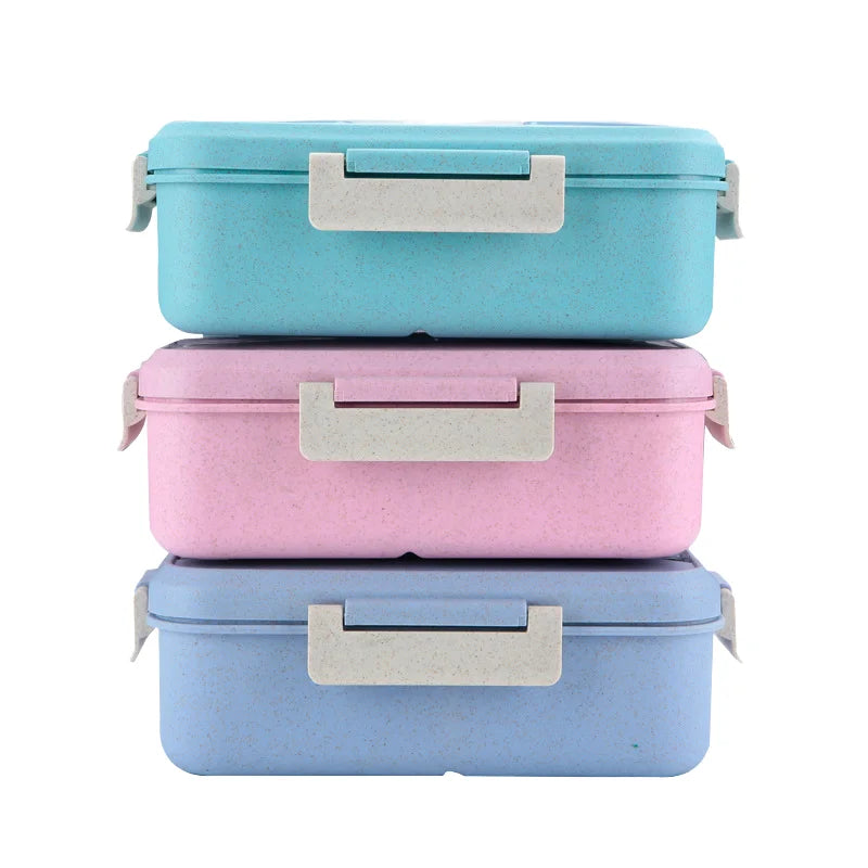 Portable Microwavable Plastic Lunch Box with Cutlery Set Sealed Square Compartment for Wheat-Based Lunches