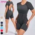 Splicing Hollow Out Back Gym Fitness Bodysuit Short Sleeve One Piece Jumpsuits Yoga Jumpsuit for Women With Removable Pads