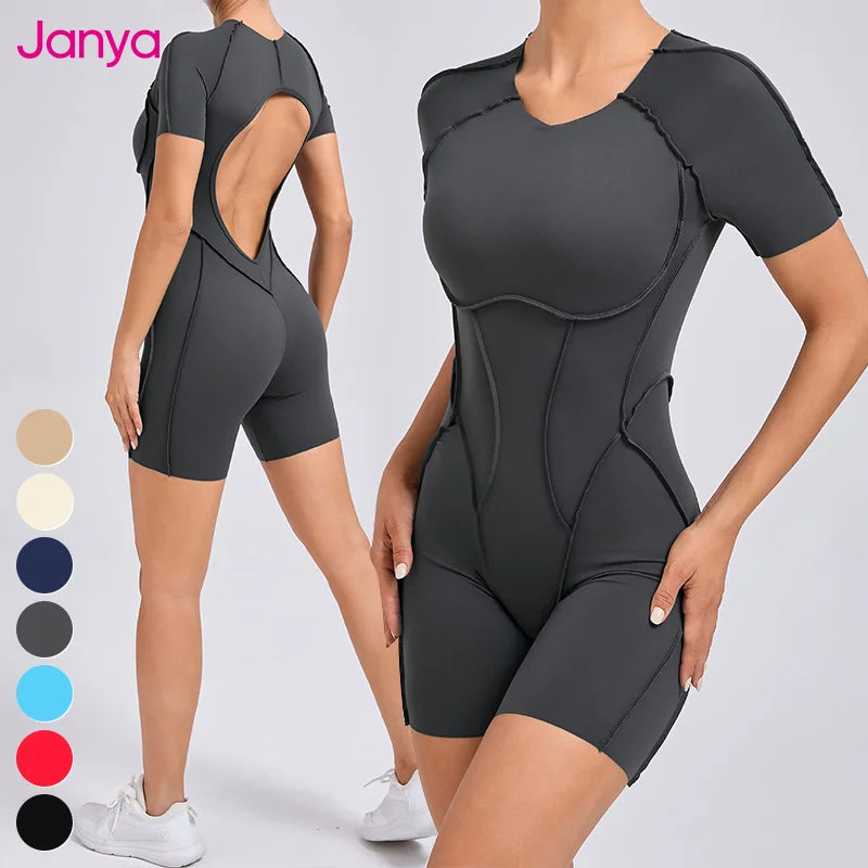 Splicing Hollow Out Back Gym Fitness Bodysuit Short Sleeve One Piece Jumpsuits Yoga Jumpsuit for Women With Removable Pads