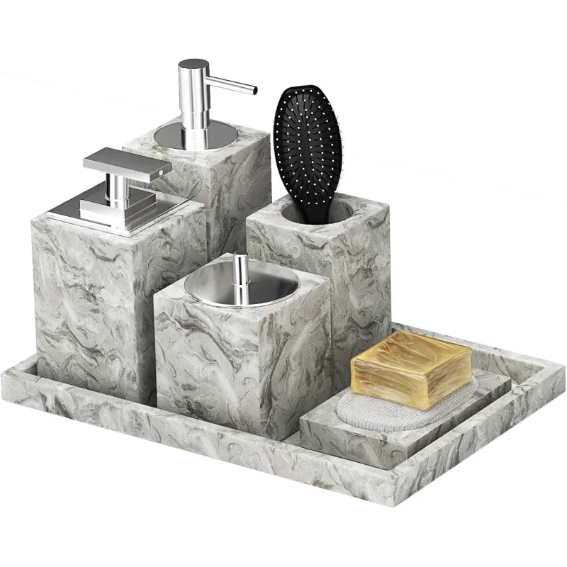 Custom Resin Bathroom Set Lotion Dispenser Soap Dish Tumbler Bathroom Accessories Set Marble Bathroom Accessories for Hotel
