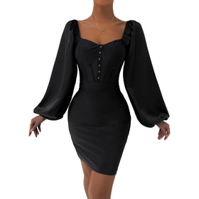 Autumn and Winter Long Sleeve Mini Dress Black Casual Dresses