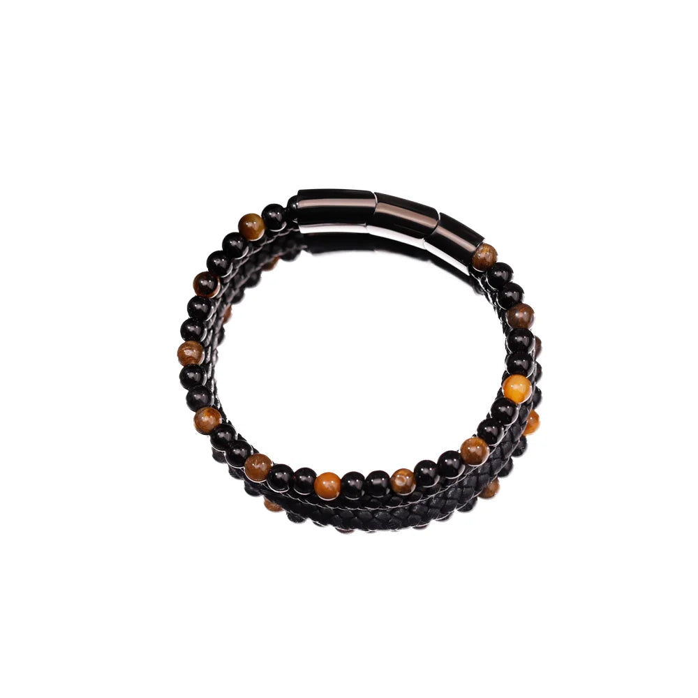 Hot Sale Jewelry Double Layers Leather Natural Stone Volcanic Rock Lava Tiger Eye Beaded Bracelet for Men