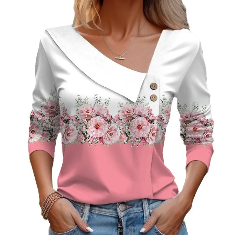 RNSHANGER T Shirt for Women Fashion Long Sleeve Skew Collar Floral Print Ladies T-shirts Spring Youthful Woman Tee Shirts