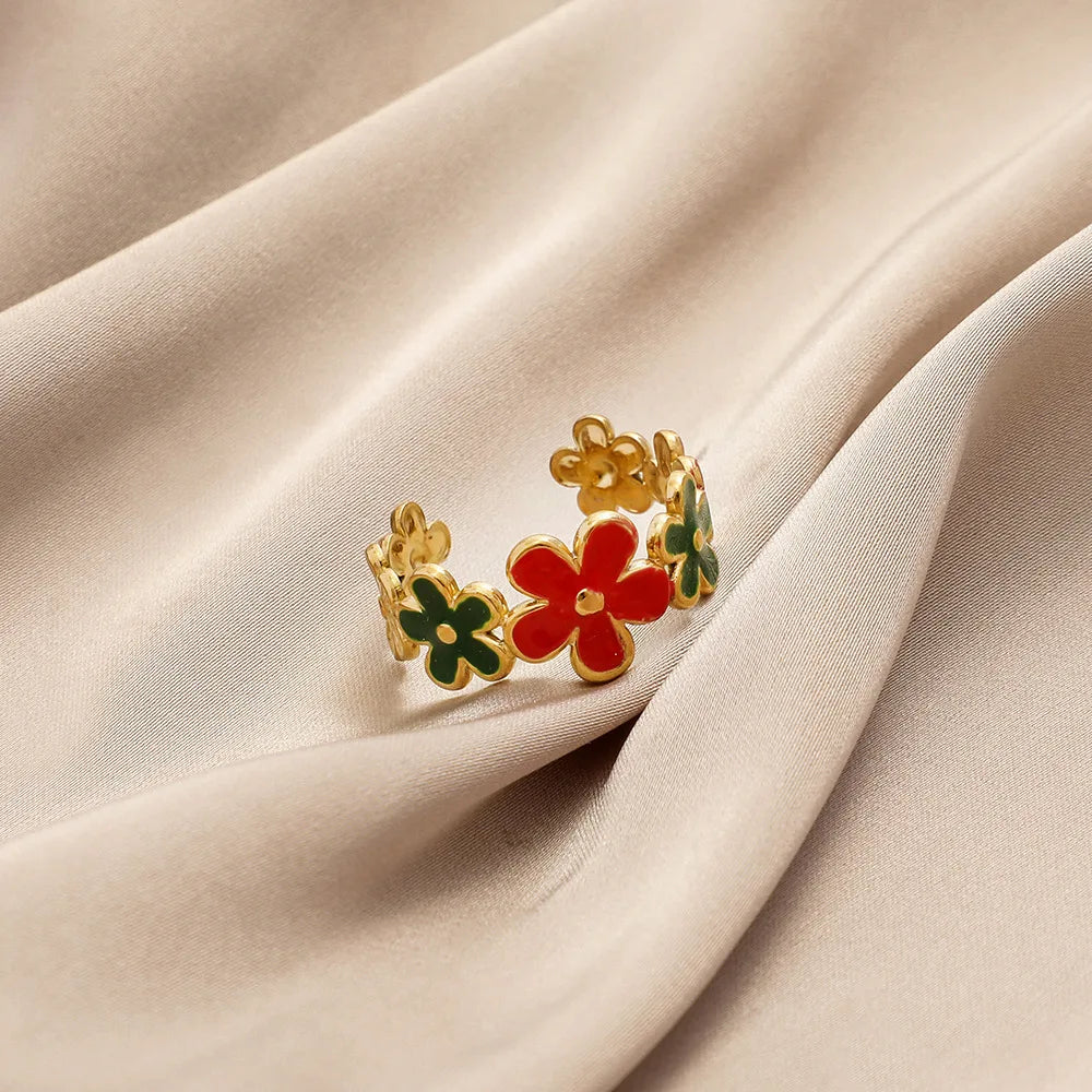 Beimai OEM Small Flower Open Ring Titanium Steel Sweet Colorful Oil Dripping Classic Gold Plated Stainless Steel Wholesale