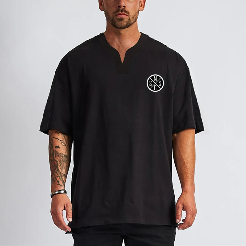 Summer Men Harajuku V-neck Tshirt Short Sleeve T-Shirts Korean Hip Hop Casual Fashion Oversized T Shirt Gym Fitness Black Tees T