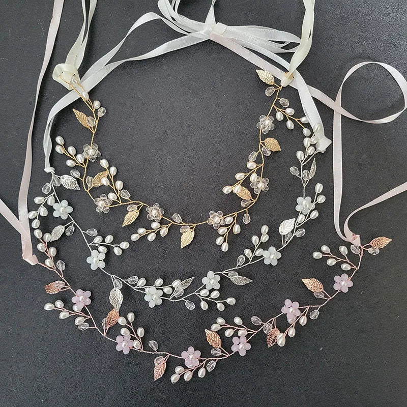 SLBRIDAL Handmade Crystal Rhinestones Pearls Flower Leaf Bridal Headband Bridal Headpieces Women Jewelry Hair Accessories