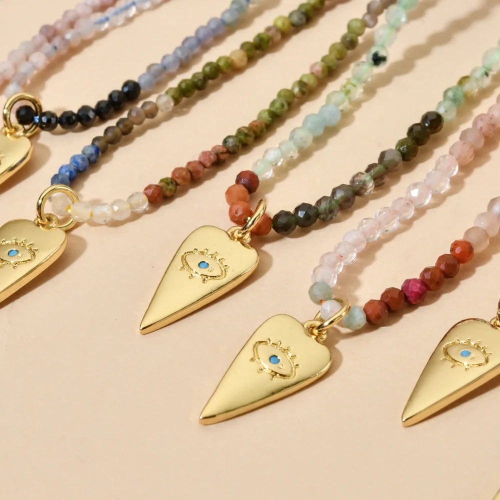 Bohemian Irregular Natural Stone Beaded Necklace Heart Shaped Gold Plated Eye Pendant Necklace