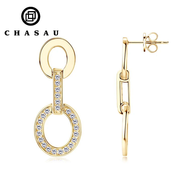 New 925 Sterling Silver Micro Pave Round Moissanite Drop Earrings Link Chain Piercing for Women