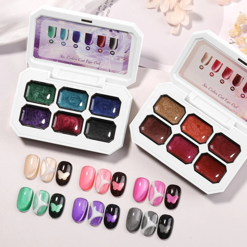 HONEY GIRL OEM 12ml 6 Colors Magnetic Holographic Glass Pearl Shimmer Nail Gel Polish UV Six-grid cat Eye Painting Gel Palette