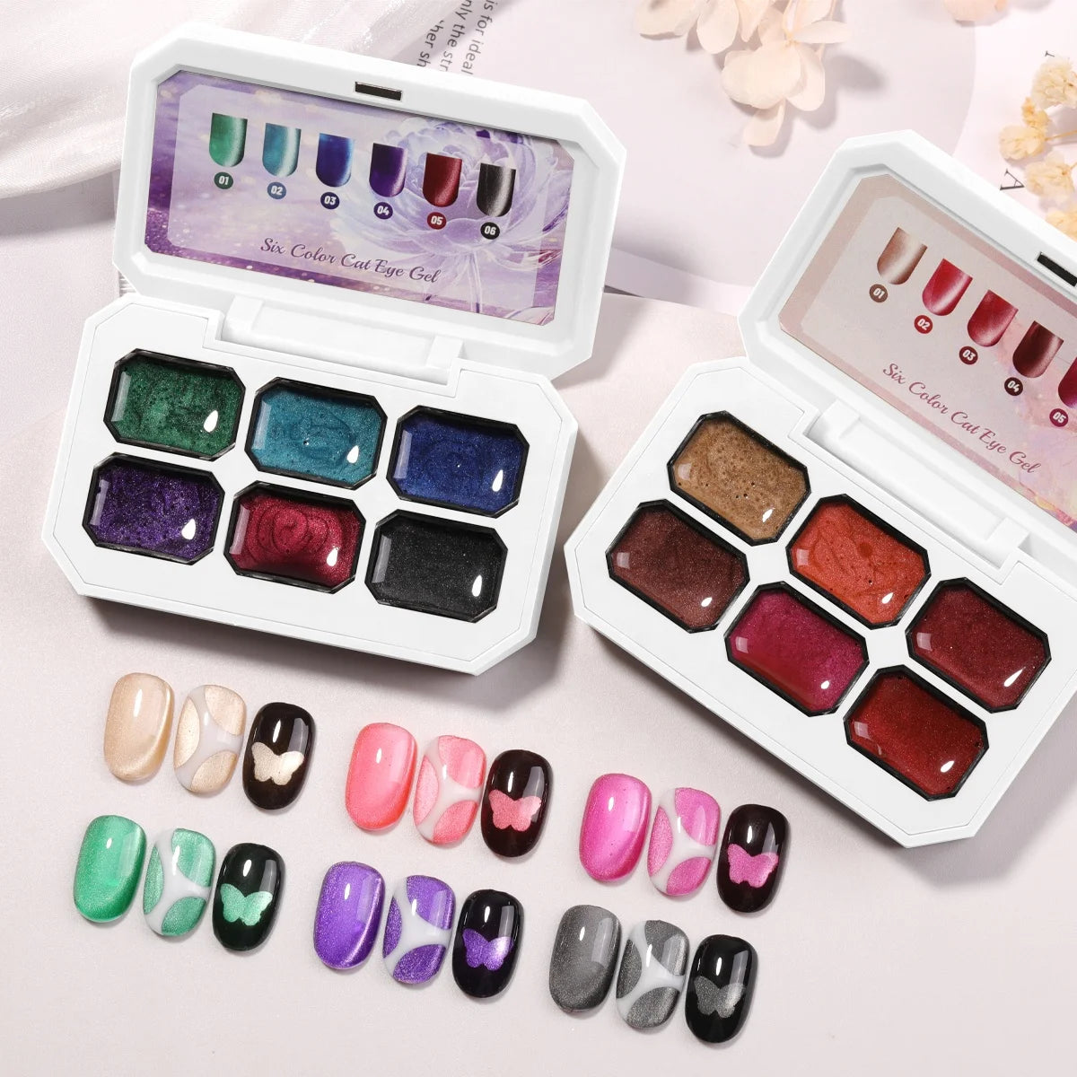 HONEY GIRL OEM 12ml 6 Colors Magnetic Holographic Glass Pearl Shimmer Nail Gel Polish UV Six-grid cat Eye Painting Gel Palette