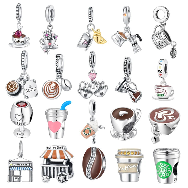 Hot Sale Sterling Silver Coffee Jewelry Charm Plata 925 Wholesale  Fine Women Jewelry Making Bracelets Pendants Accessories DIY
