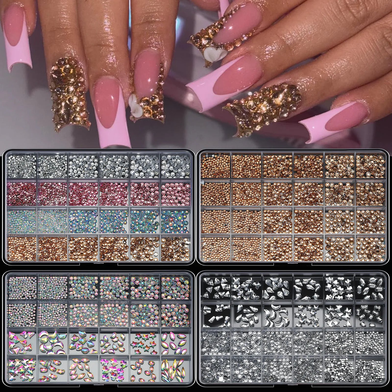 24 Grid Colorful Flat-bottomed Irregular-shaped Resin Diamond Nail Accessories 3D Jewelry Charms Mixed Size Nail Art Rhinestones
