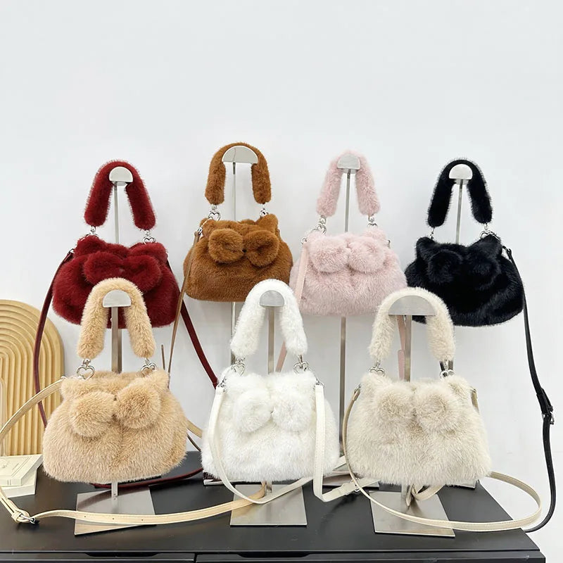 Women's Fashion Winter Fur Tote Bag with Two Handles Polyester Lining Elegant Fuzzy Handbags for Ladies
