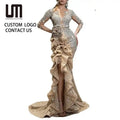 Liu Ming Luxury Fashion Trending Woman Sexy Gold Long Sleeve Banquet Elegant Night Club Party Gown Evening Dress