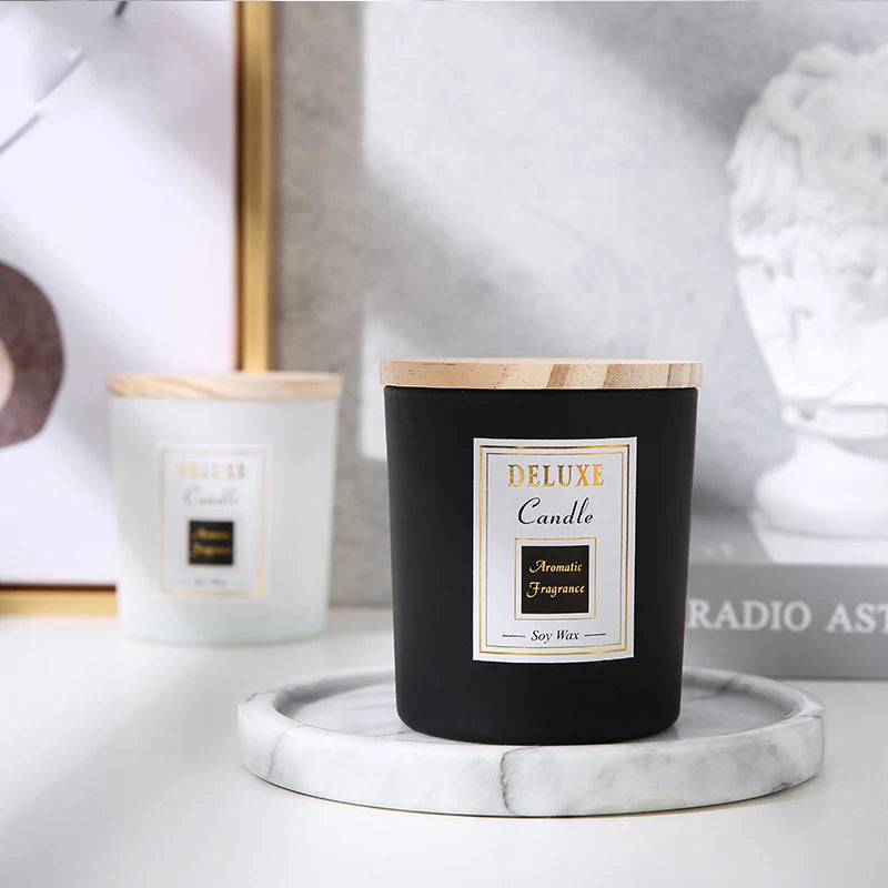 Luxury Frosted 4oz 8oz 10oz Matte Black Glass Candle Jars Container With Metal Gold Silver Lid Bamboo Wood Lid