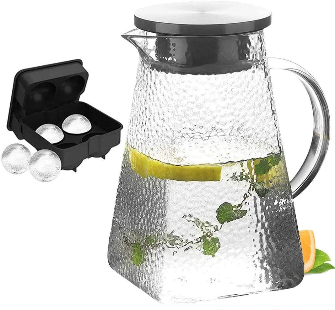 Glass Pitcher with Stainless Steel Strainer Lid for Juice & Iced Tea Hot or Cold Water Jar 1800ml