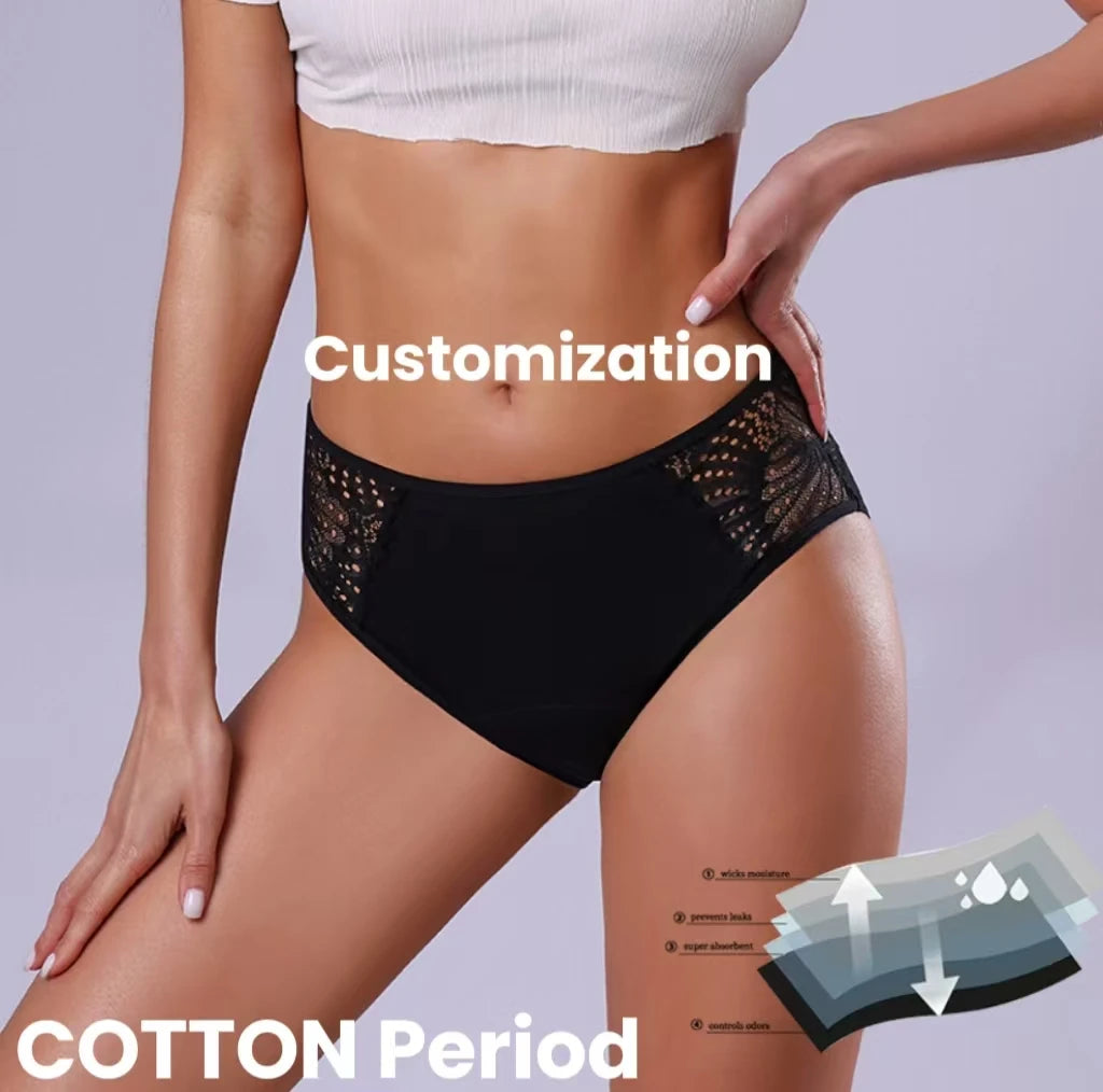 High Waist Thong Lace Period Panties Menstrual Underwear 4 Layer Leakproof Heavy Absorption Menstrual Cotton Panties