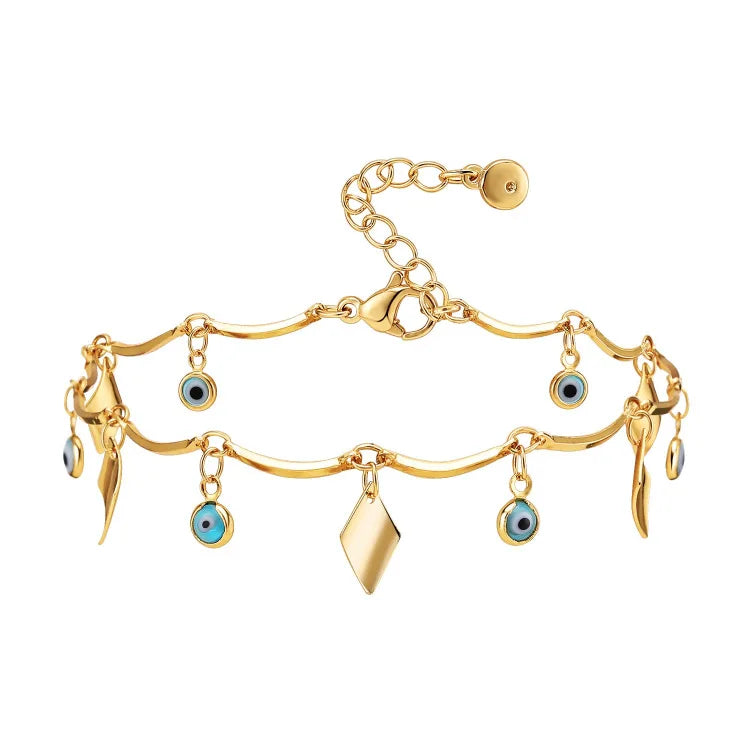 Fashion Trendy Korean Brass Alloy Evil Eyes Drop Beads Rhombus Charm Dangles Anklet Tassels Foot Ankle Bracelet Jewelry