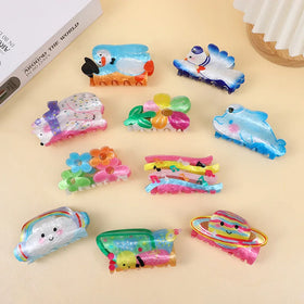 MIO 10 Colors Fashion Acetate Hair Claw Clip Cute Bear Flower Pattern Cartoon Hair Claw 8cm Double Sided Print Shark Hair Clip