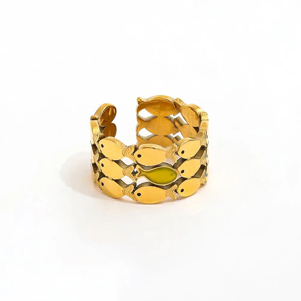 Trendy 18K Gold Plated Stainless Steel Multi-Layer Epoxy Fish Band Hollow Open Ring High-End Jewelry Gifts Parties