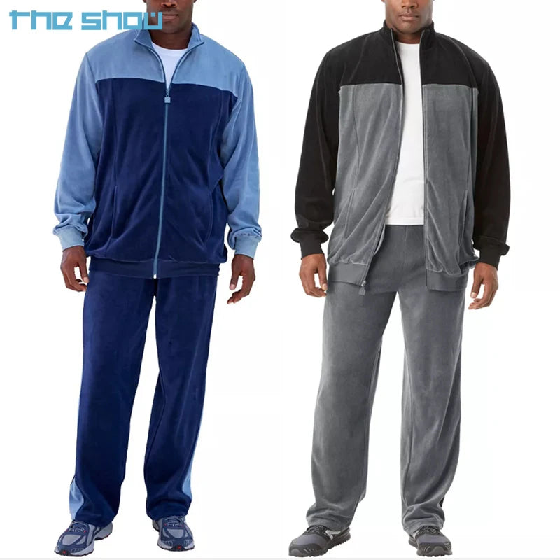 Wholesale Custom Men's Velour Tracksuit Set Casual Fashion Velvet Jogger Zipper Sweatsuits Plus Size Heavyweight Colorblock