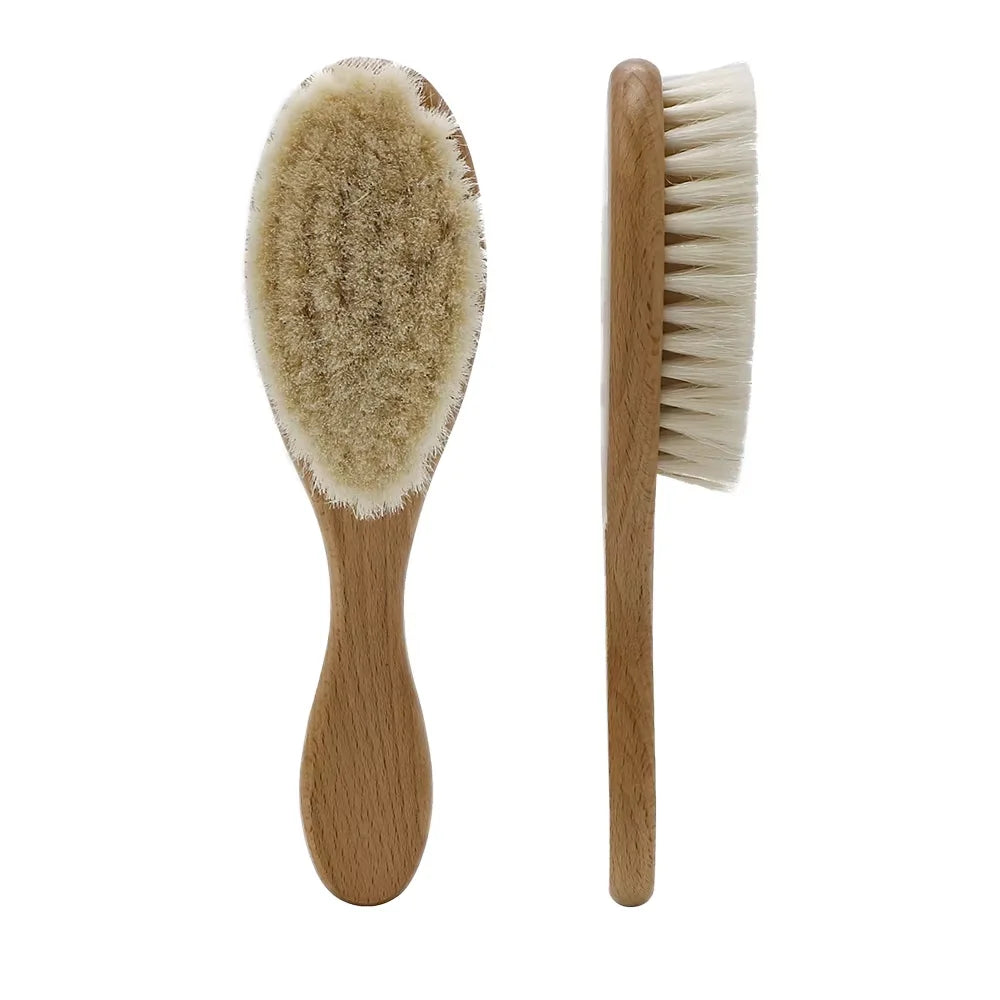 All Natural Soft Goat Hair Wooden Cushion Laser Baby Hair Brush and Comb Set for Newborns