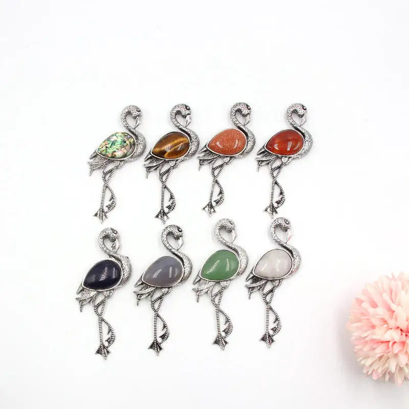 Natural Gemstone Inlaid Flamingo Pendant Necklace for Women Men Girls Crystal Quartz Stone Silver Bird Brooch Pin Women Jewelry