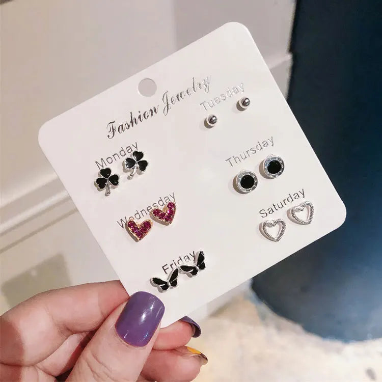 SC Fashion Design 7 Pairs a Week Earrings Studs Set Korean Mini Flower Butterfly Heart Pearl Crystal Stud Earrings for Girls