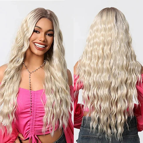 Imported Chemical Fiber Front Lace Ombre Brown to Blonde Lace Frontal Wigs for Women Long Loose Wave Synthetic Wigs Natural