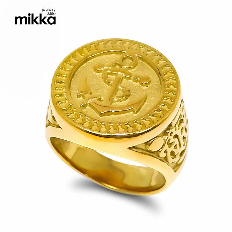18k Gold Sovereign Men's Ring Chevaliere Homme 585 Gold Ring Solid Gold Signet With Anchor Pattern Design