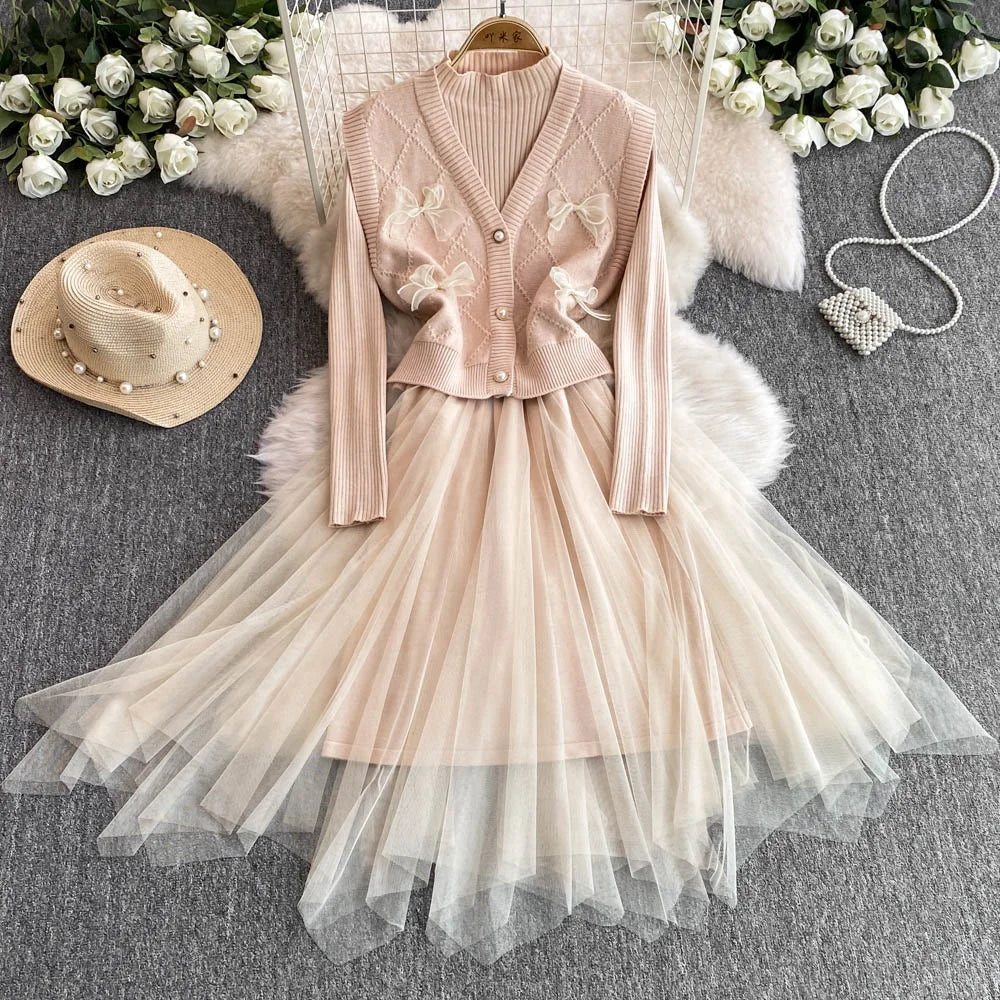 French Mesh Splicing Design Set for Women's Winter Semi High Neck Knitted Dress+bow Tie Vest Jacket