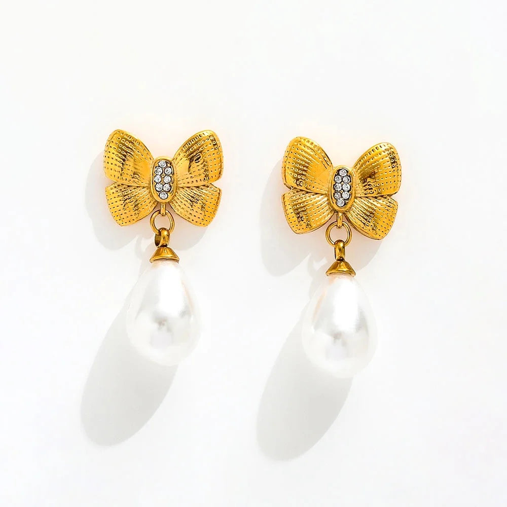 New Minimalist Zirconia Butterfly Imitation Pearl Dangle Stud Earring Dainty Stainless Steel Jewelry