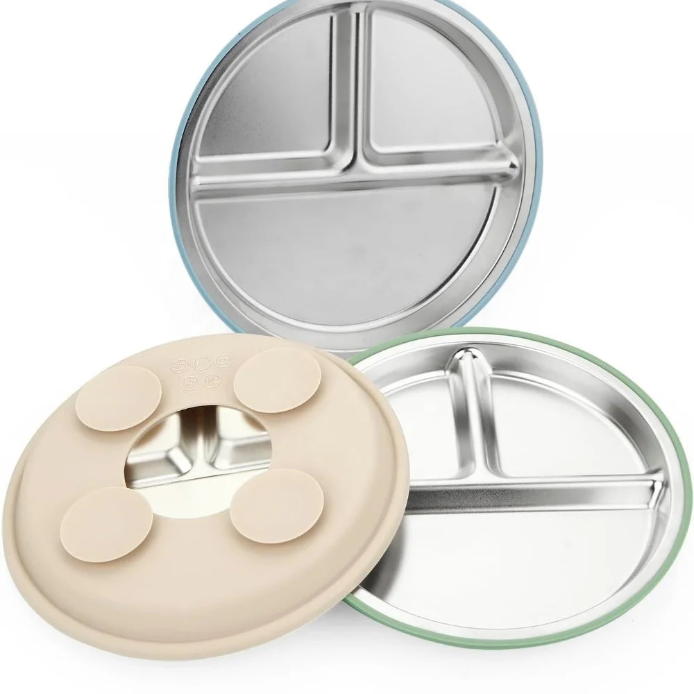 Am Azon Hot Selling Stainless Steel Divided Toddler Plate Removable Silicone Suction Cup BPA Free Unbreakable Kids Dining Tray