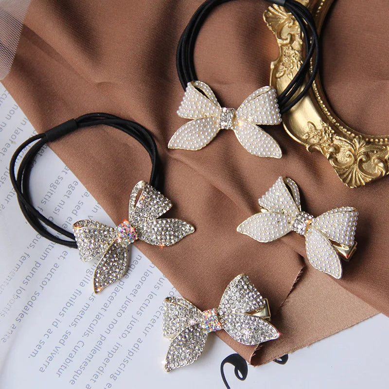 Wholesale Rhinestone Bowknot Hairpin Hair Tie 2 Colors Pearl Hair Rope for Women