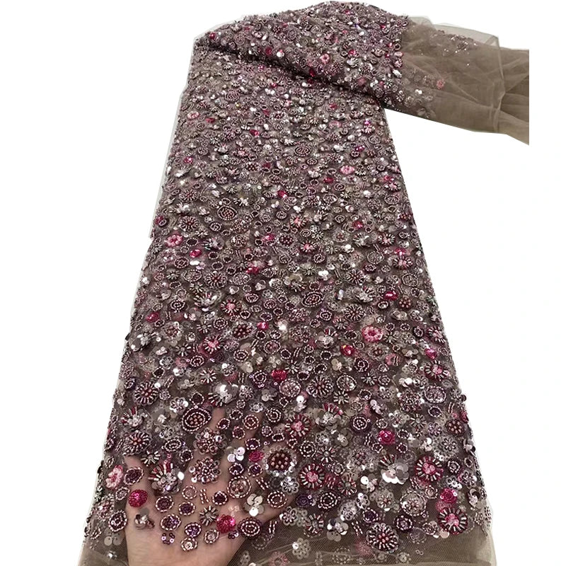 African Beaded Lace Fabric Sequin Elegant Heavy Luxury 3D Lace Sequence Eco-Friendly 5 Yards for Bags Polyester Custom Colors