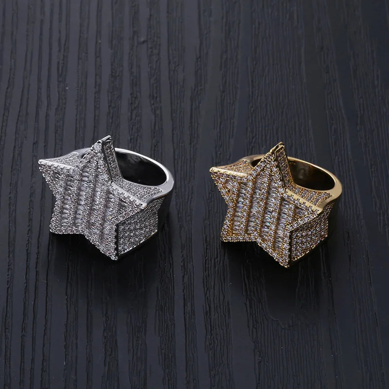 New European France Style Creative Design Gold Silver Color Five-pointed Star Ring Big Zircon Shiny Hip Hop Finger Ring Jewelry