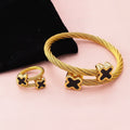 Stainless Steel Twist Cable Bangle Bracelet Ring Set Clover Charm for Women 18K Gold Plated Black Designer Party Wholesale
