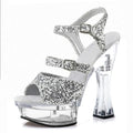 Flash Powder Bride 14cm Peep Toe Strip Catwalk Pole Dance Coarse Heel Platform Slippers Size 46 Fashion Exotic Dancer Sexy Women