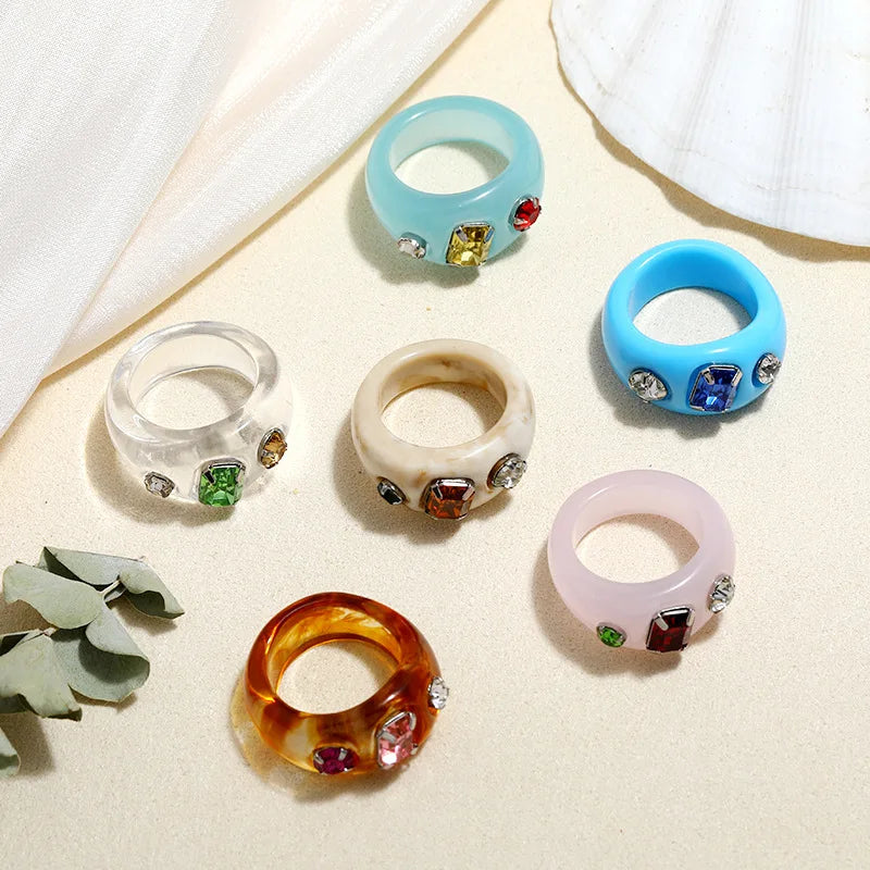 Fashion Sweet No Fade Multicolor Stone Acrylic Resin Chunky Finger Rings Acrylic Colorful Rings for Girls Women