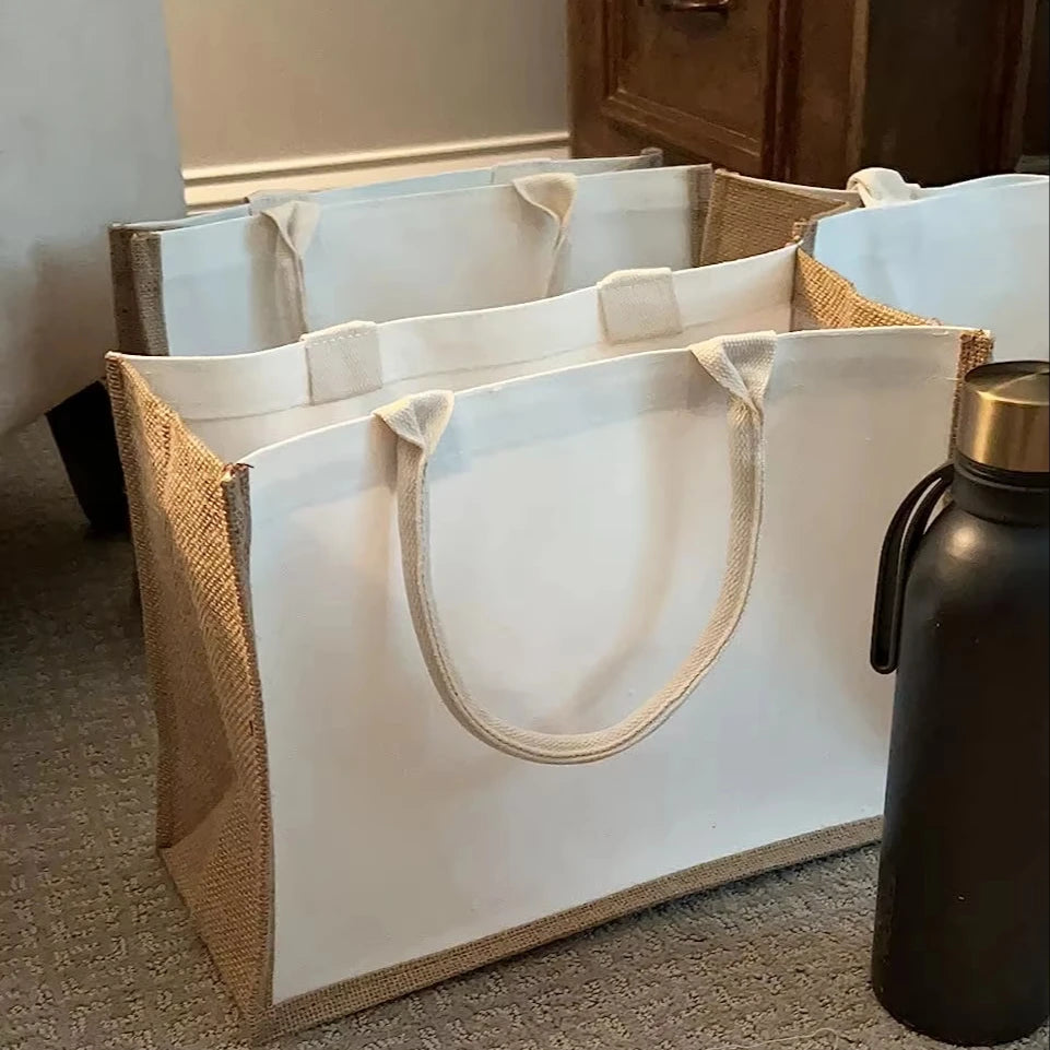 Jute Tote Bags Set with Rope Handles Custom Logo Large Reusable Grocery Bags Water Resistant Bridesmaid Gift Shopping & DIY