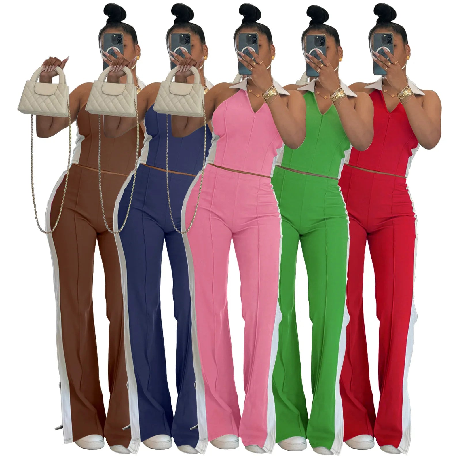 Custom Logo 2026 Summer Casual Multi Color Two-pieces Pant Set V Neck Sleeveless Tank Top and Side Slit Sweatpants
